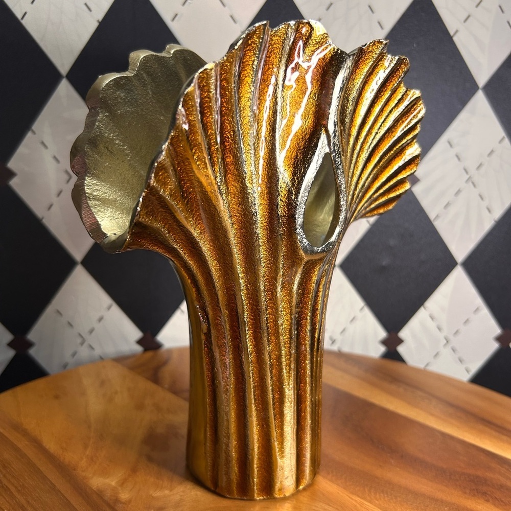 Vase Modern Asian Metal Enameled Ginkgo Leaf 9 Inch Decorative Art